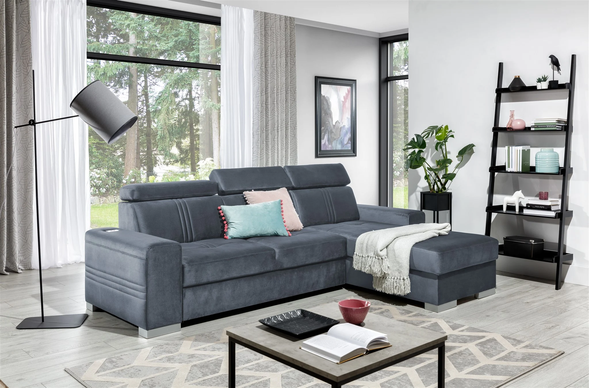 Ecksofa Schlafsofa NOLAN XS inkl. USB in Stoff Monolith Blaugrau Ottomane Rechts - Fun Moebel