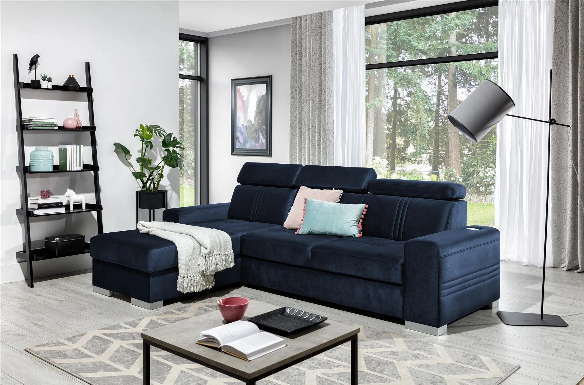 Ecksofa Schlafsofa NOLAN XS inkl USB in Stoff Monolith Dunkelblau Ottomane Links - Fun Moebel