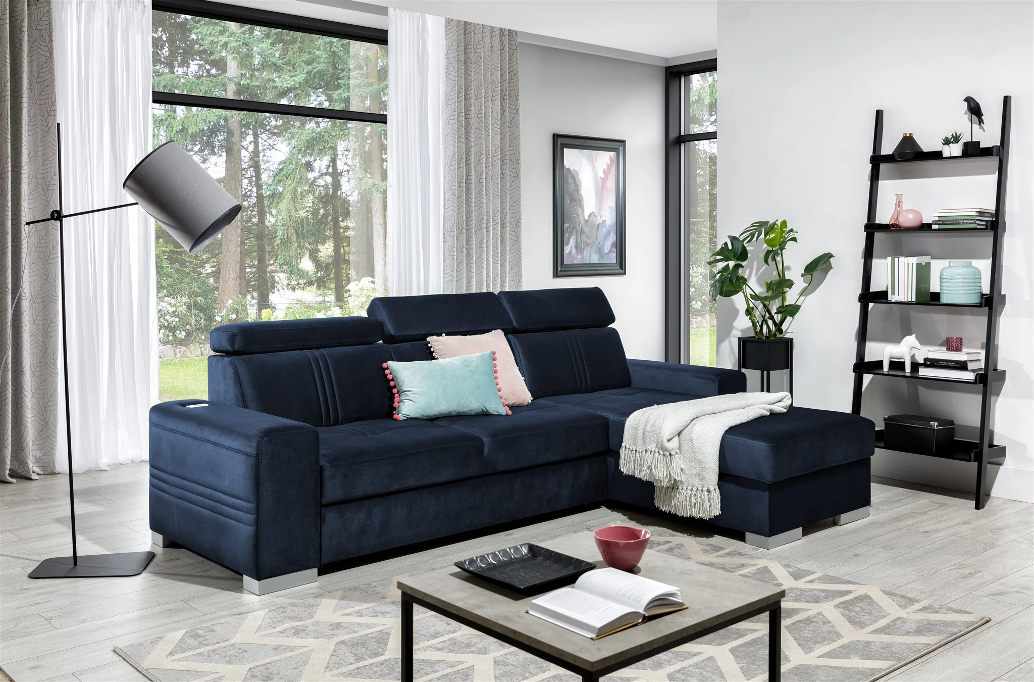 Ecksofa Schlafsofa NOLAN XS inkl. USB Stoff Monolith Dunkelblau Ottomane Rechts - Fun Moebel