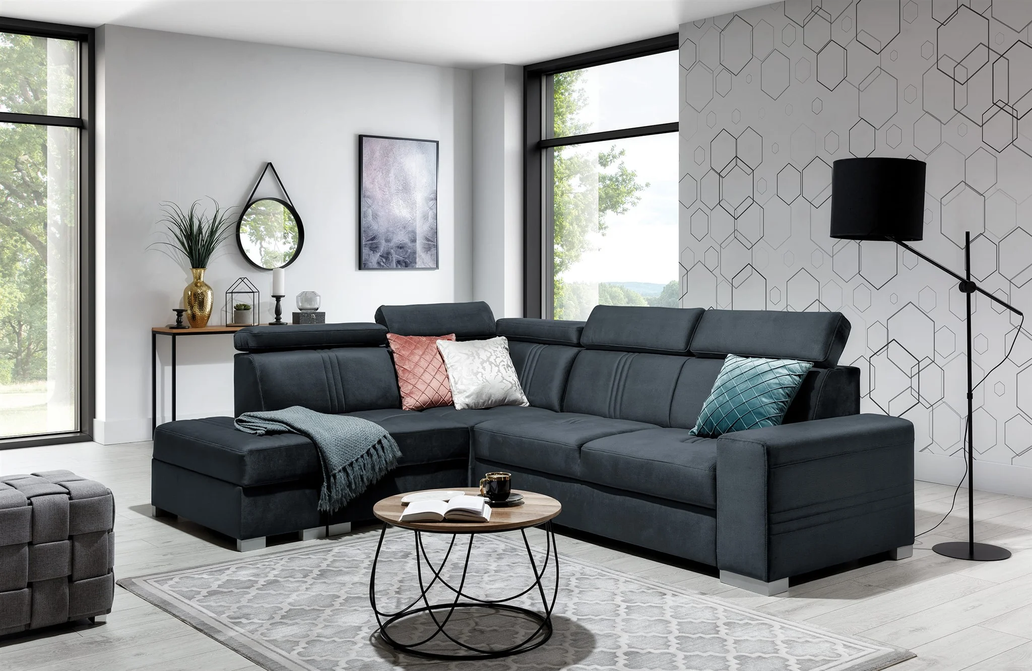 Ecksofa Schlafsofa NOLAN inkl. USB in Stoff Element Anthrazit Ottomane Links - Fun Moebel
