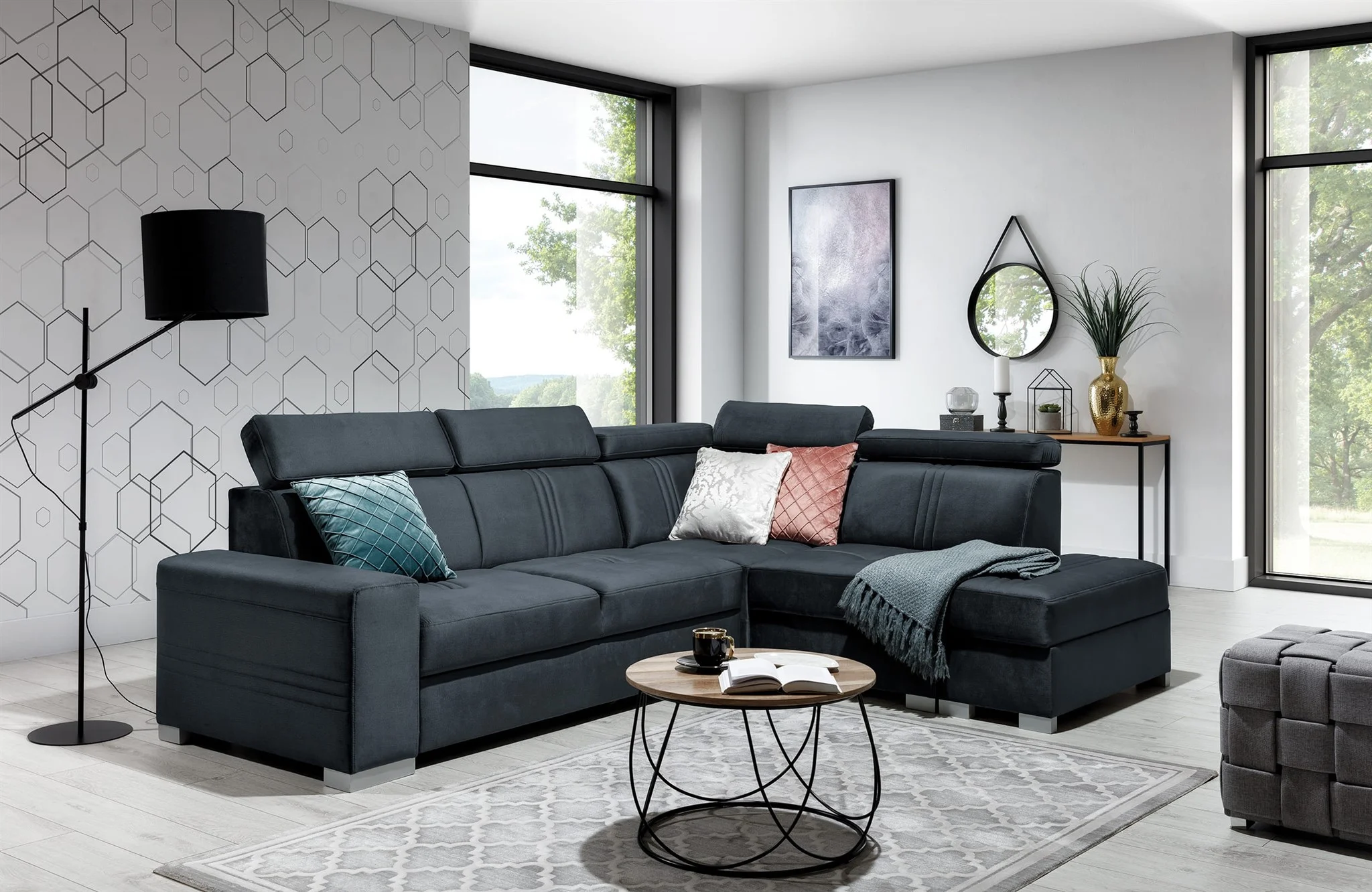 Ecksofa Schlafsofa NOLAN inkl. USB in Stoff Element Anthrazit Ottomane Rechts - Fun Moebel