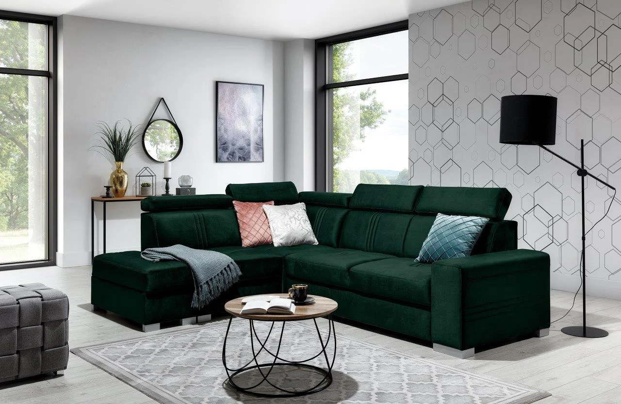 Ecksofa Schlafsofa NOLAN inkl. USB in Stoff Element Dunkelgrün Ottomane Links - Fun Moebel
