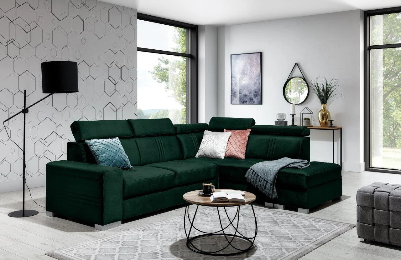 Ecksofa Schlafsofa NOLAN inkl. USB in Stoff Element Dunkelgrün Ottomane Rechts - Fun Moebel