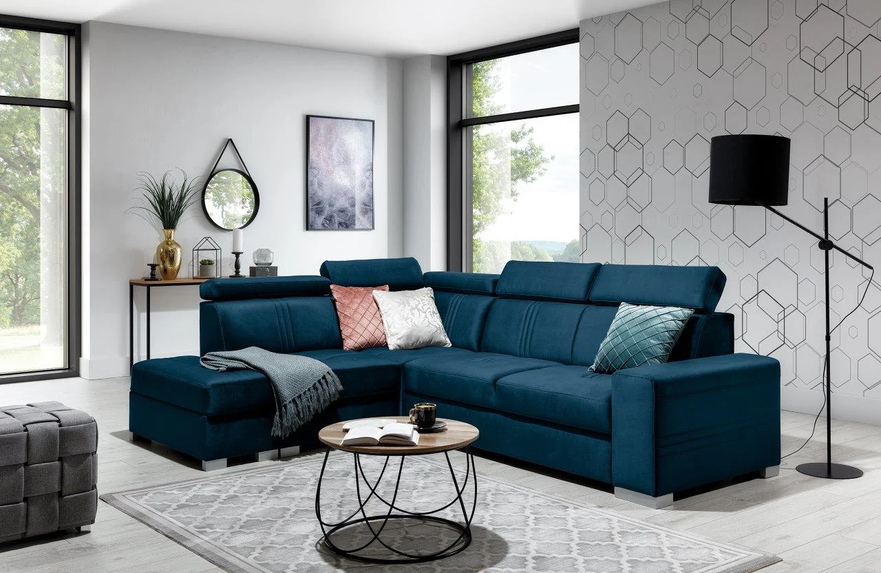 Ecksofa Schlafsofa NOLAN inkl. USB in Stoff Element Blau Ottomane Links - Fun Moebel