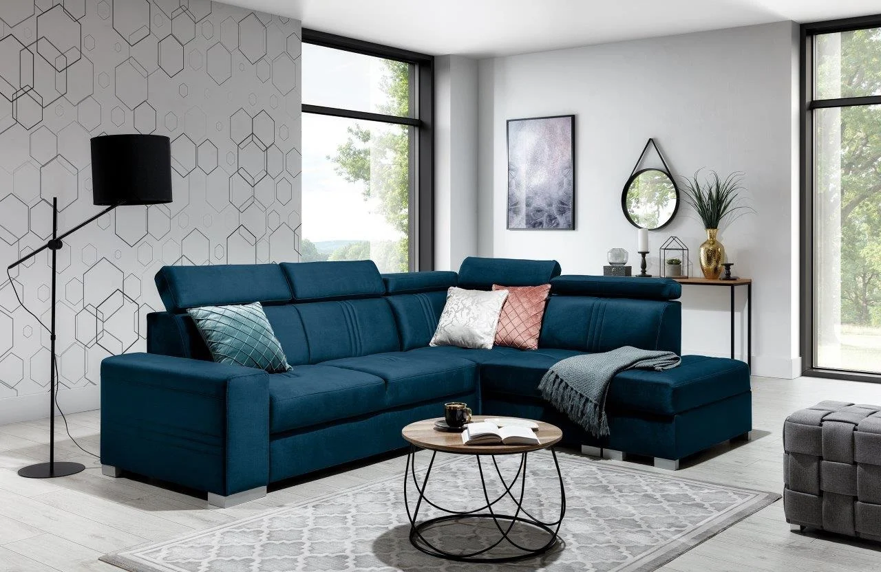 Ecksofa Schlafsofa NOLAN inkl. USB in Stoff Element Blau Ottomane Rechts - Fun Moebel