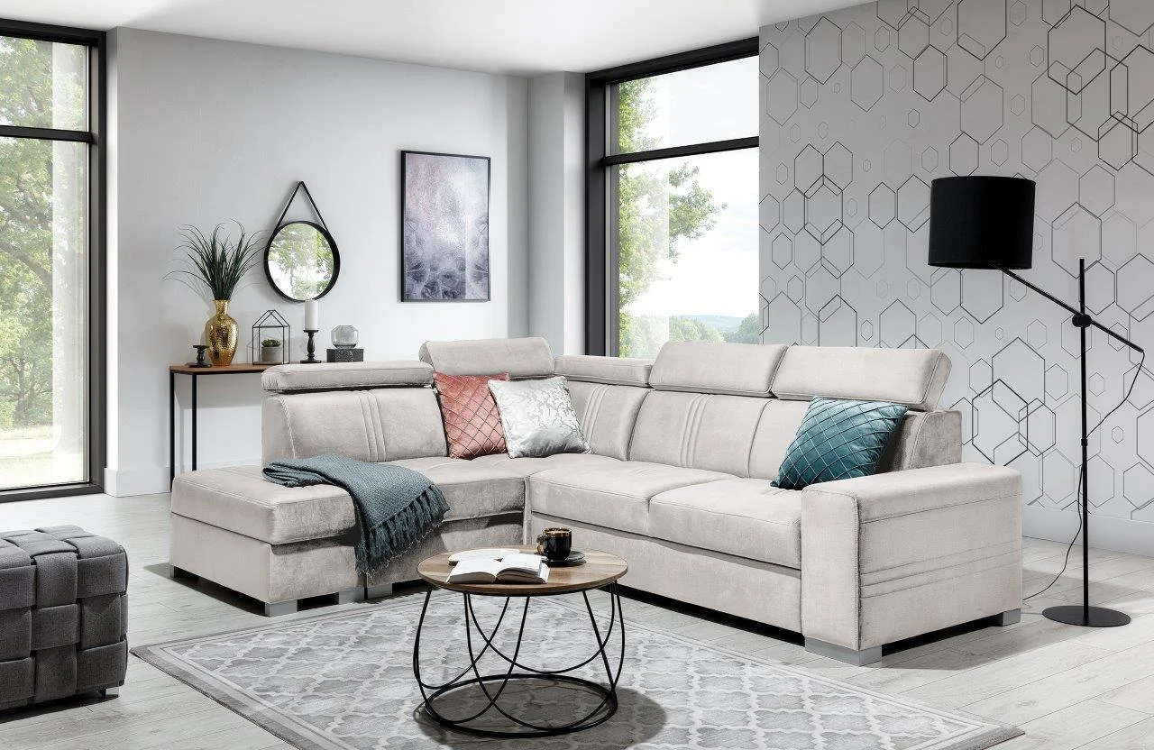 Ecksofa Schlafsofa NOLAN inkl. USB in Stoff Element Creme Ottomane Links - Fun Moebel