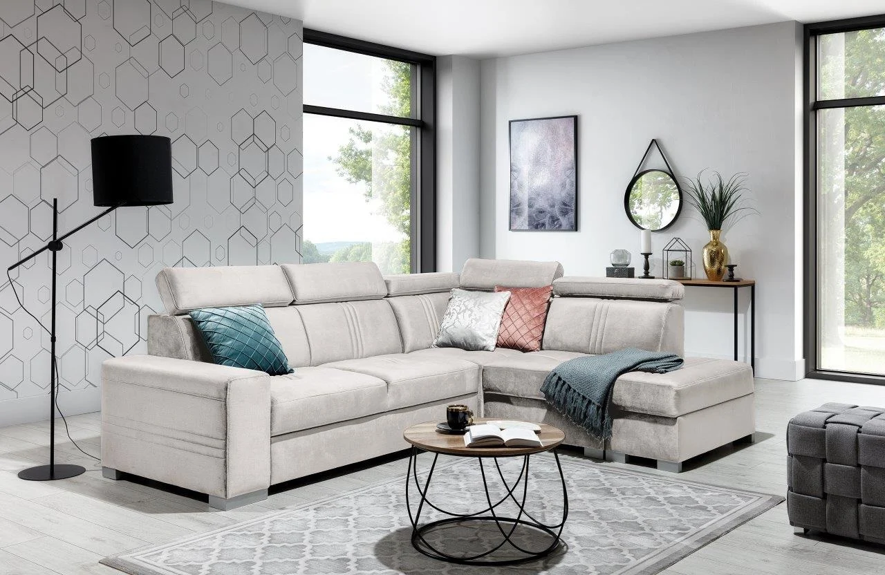 Ecksofa Schlafsofa NOLAN inkl. USB in Stoff Element Creme Ottomane Rechts - Fun Moebel