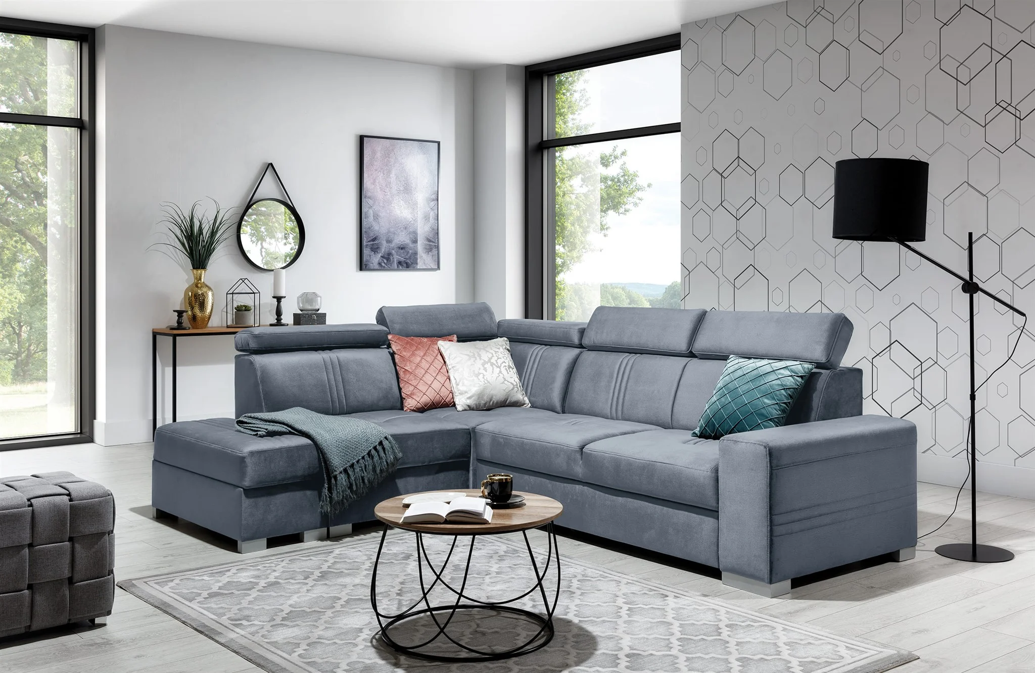 Ecksofa Schlafsofa NOLAN inkl. USB in Stoff Element Grau Ottomane Links - Fun Moebel