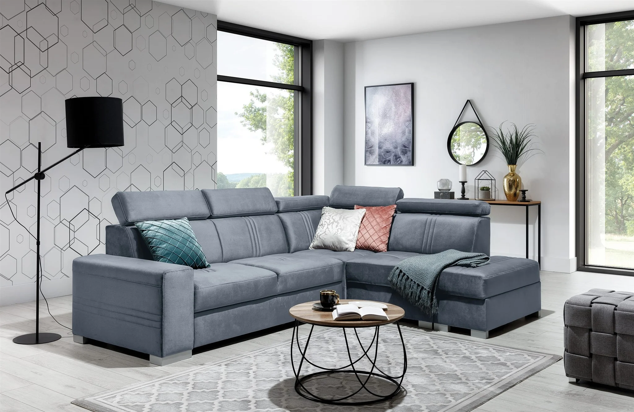 Ecksofa Schlafsofa NOLAN inkl. USB in Stoff Element Grau Ottomane Rechts - Fun Moebel
