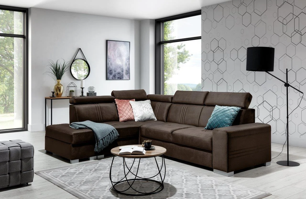 Ecksofa Schlafsofa NOLAN inkl. USB in Stoff Element Dunkelbraun Ottomane Links - Fun Moebel