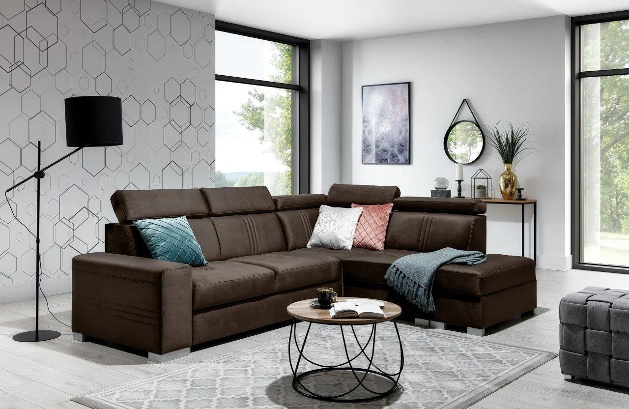 Ecksofa Schlafsofa NOLAN inkl. USB in Stoff Element Dunkelbraun Ottomane Rechts - Fun Moebel
