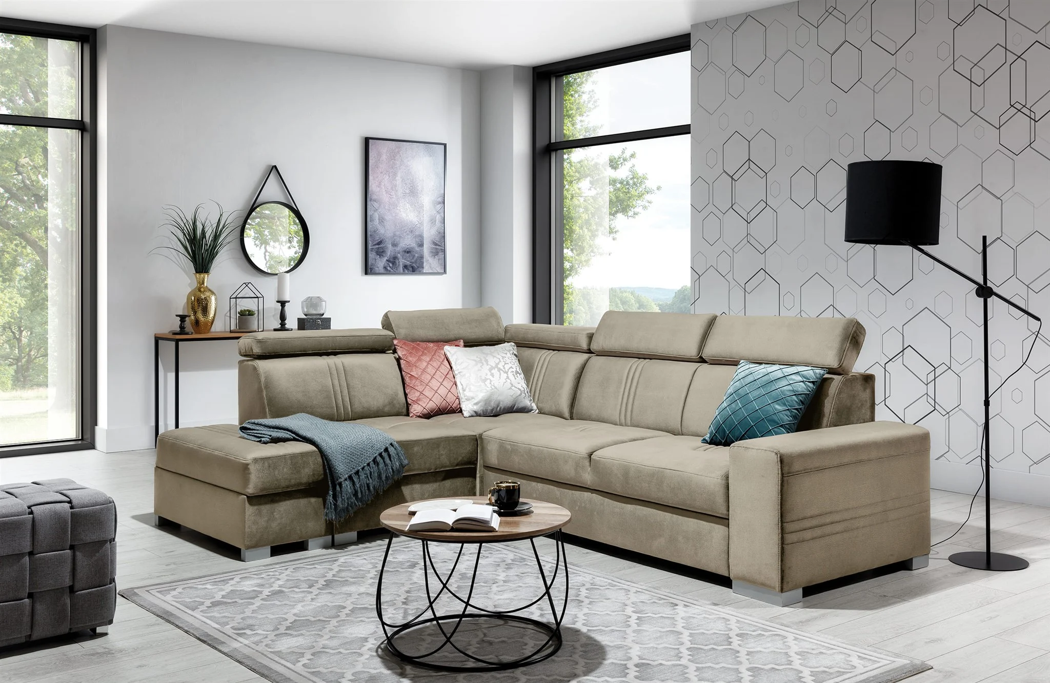 Ecksofa Schlafsofa NOLAN inkl. USB in Stoff Element Beige Ottomane Links - Fun Moebel