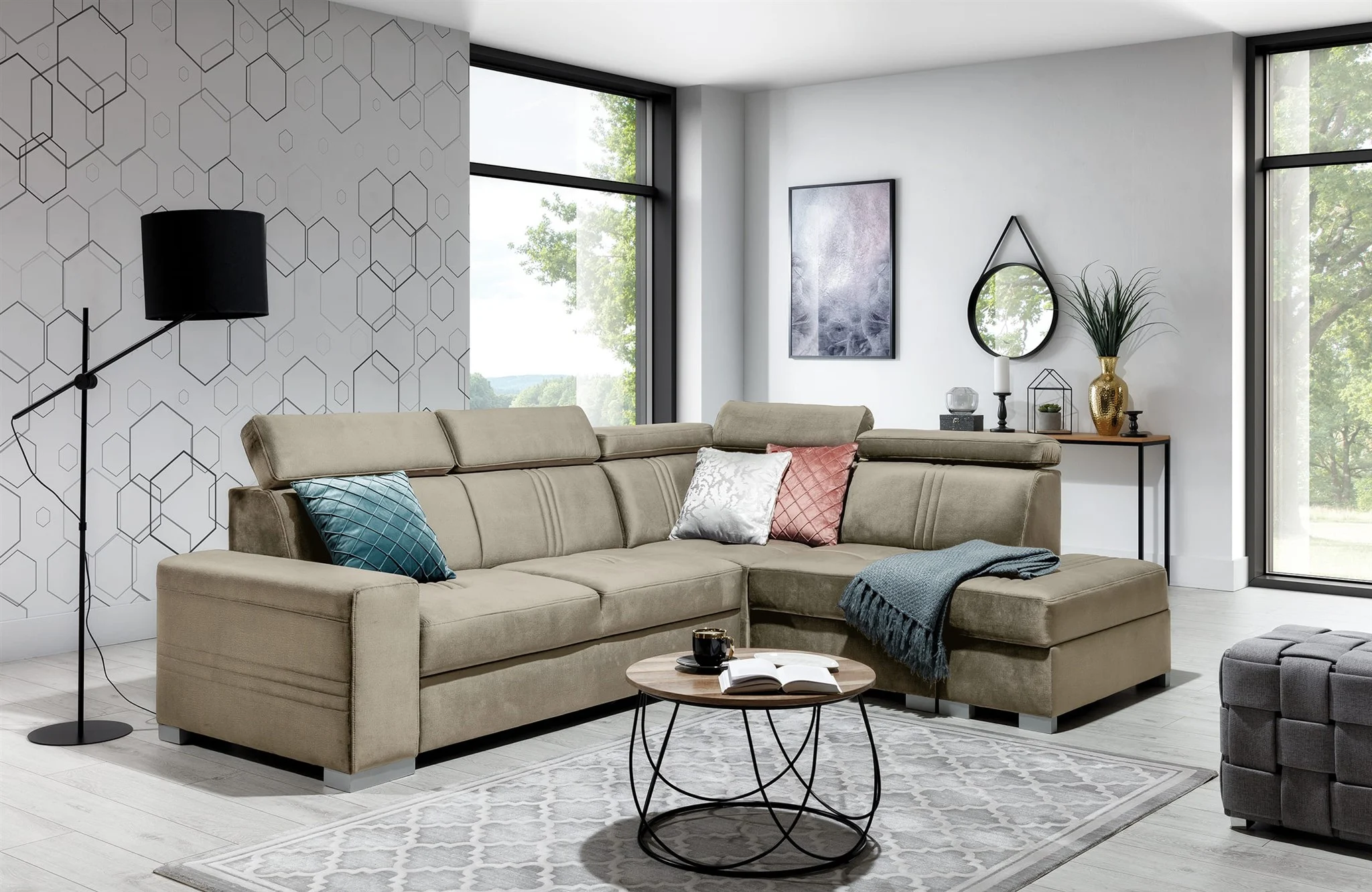 Ecksofa Schlafsofa NOLAN inkl. USB in Stoff Element Beige Ottomane Rechts - Fun Moebel