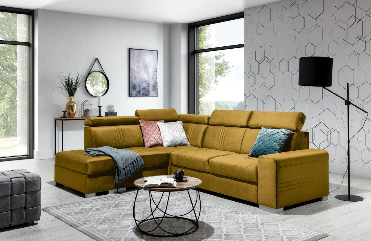 Ecksofa Schlafsofa NOLAN inkl. USB in Stoff Element Honiggelb Ottomane Links - Fun Moebel