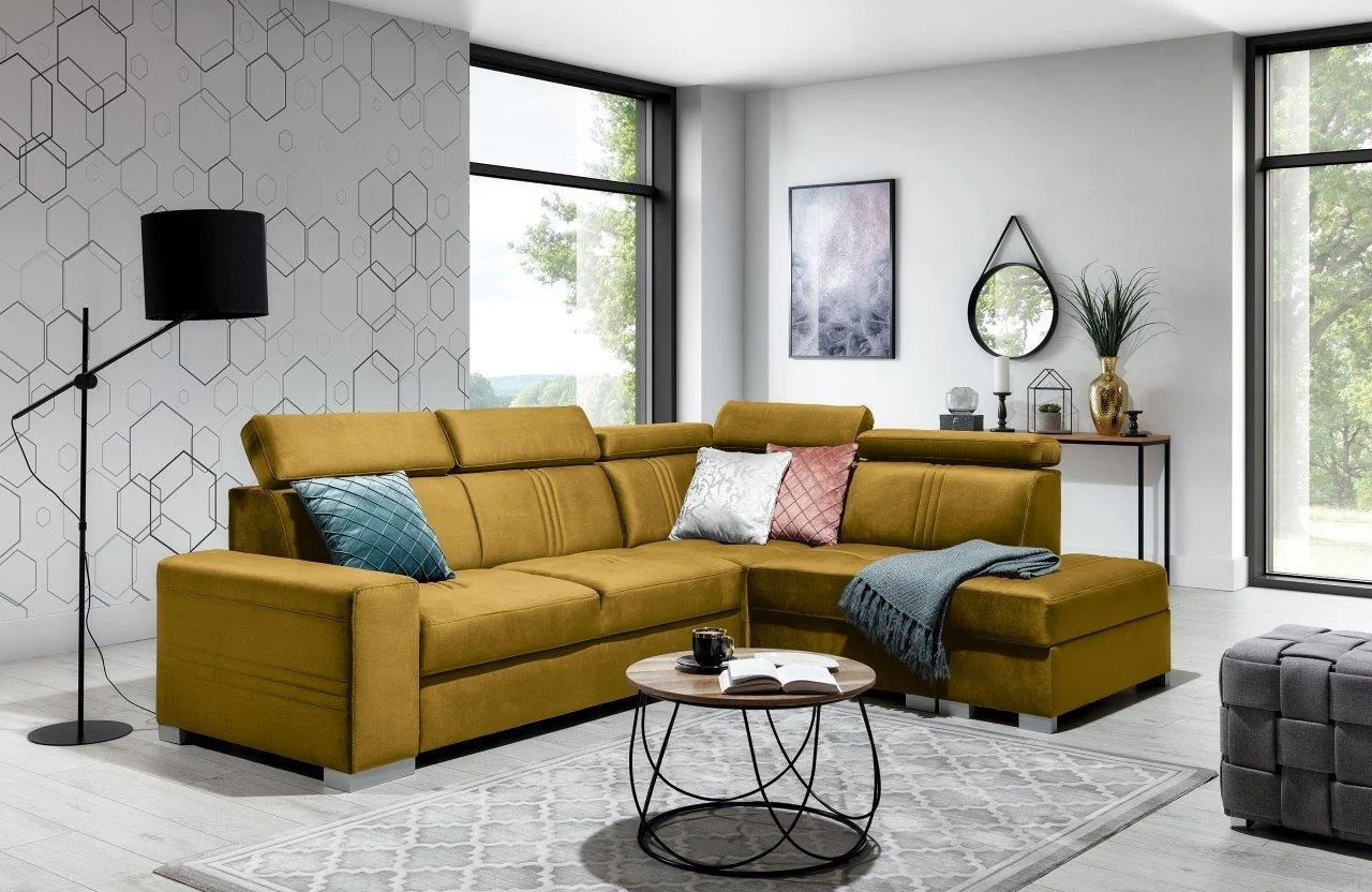 Ecksofa Schlafsofa NOLAN inkl. USB in Stoff Element Honiggelb Ottomane Rechts - Fun Moebel