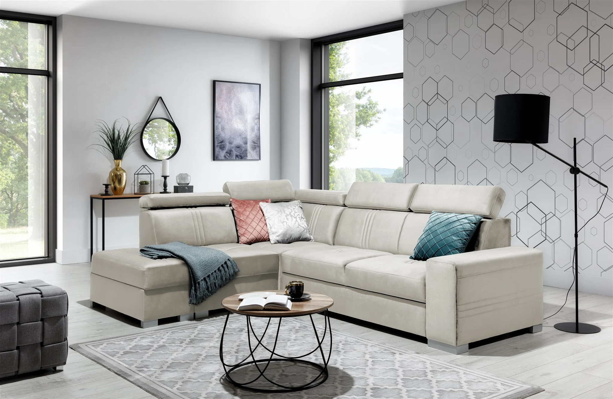 Ecksofa Schlafsofa NOLAN inkl. USB in Stoff Monolith Beige Ottomane Links - Fun Moebel
