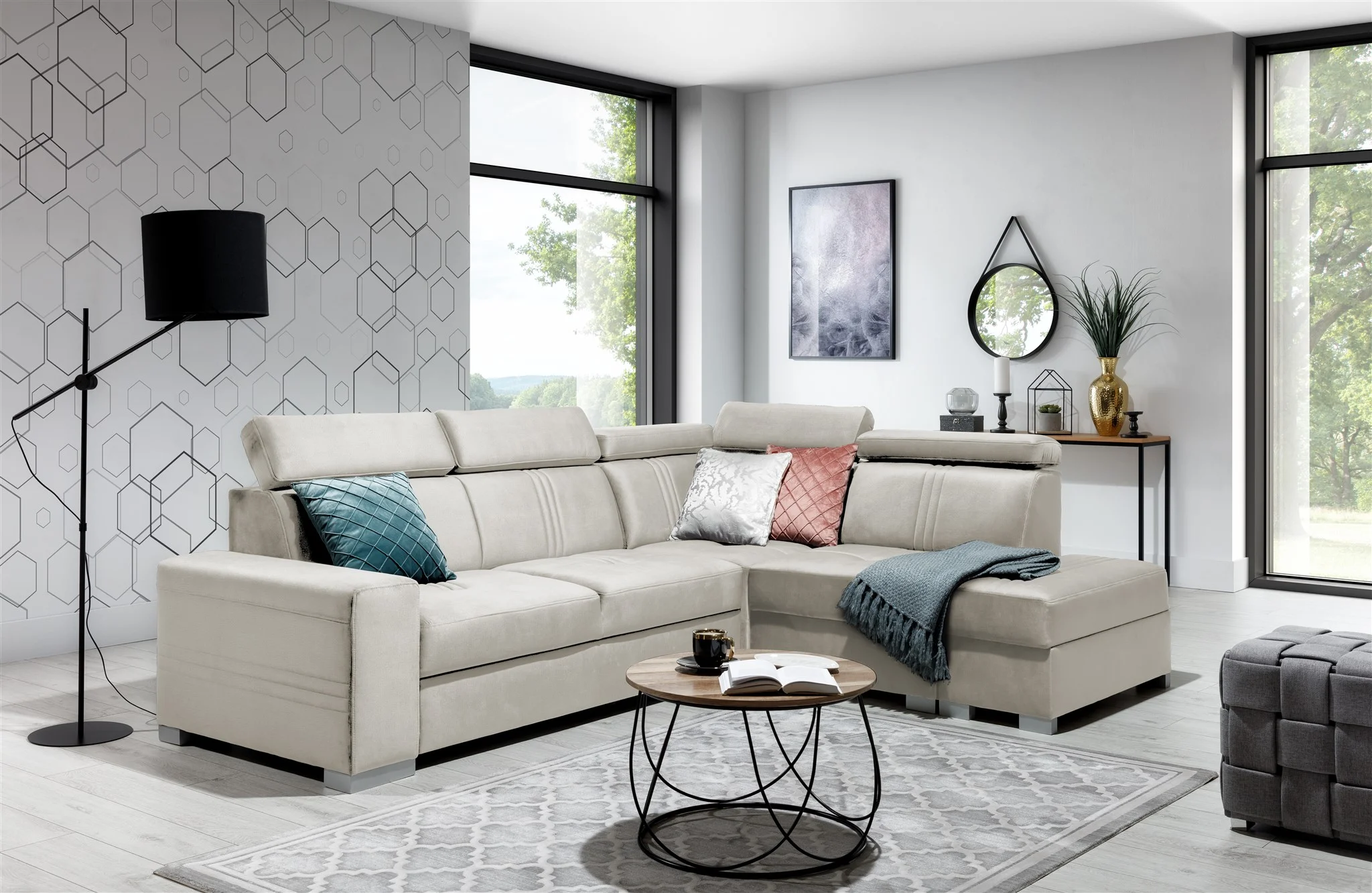 Ecksofa Schlafsofa NOLAN inkl. USB in Stoff Monolith Beige Ottomane Rechts - Fun Moebel