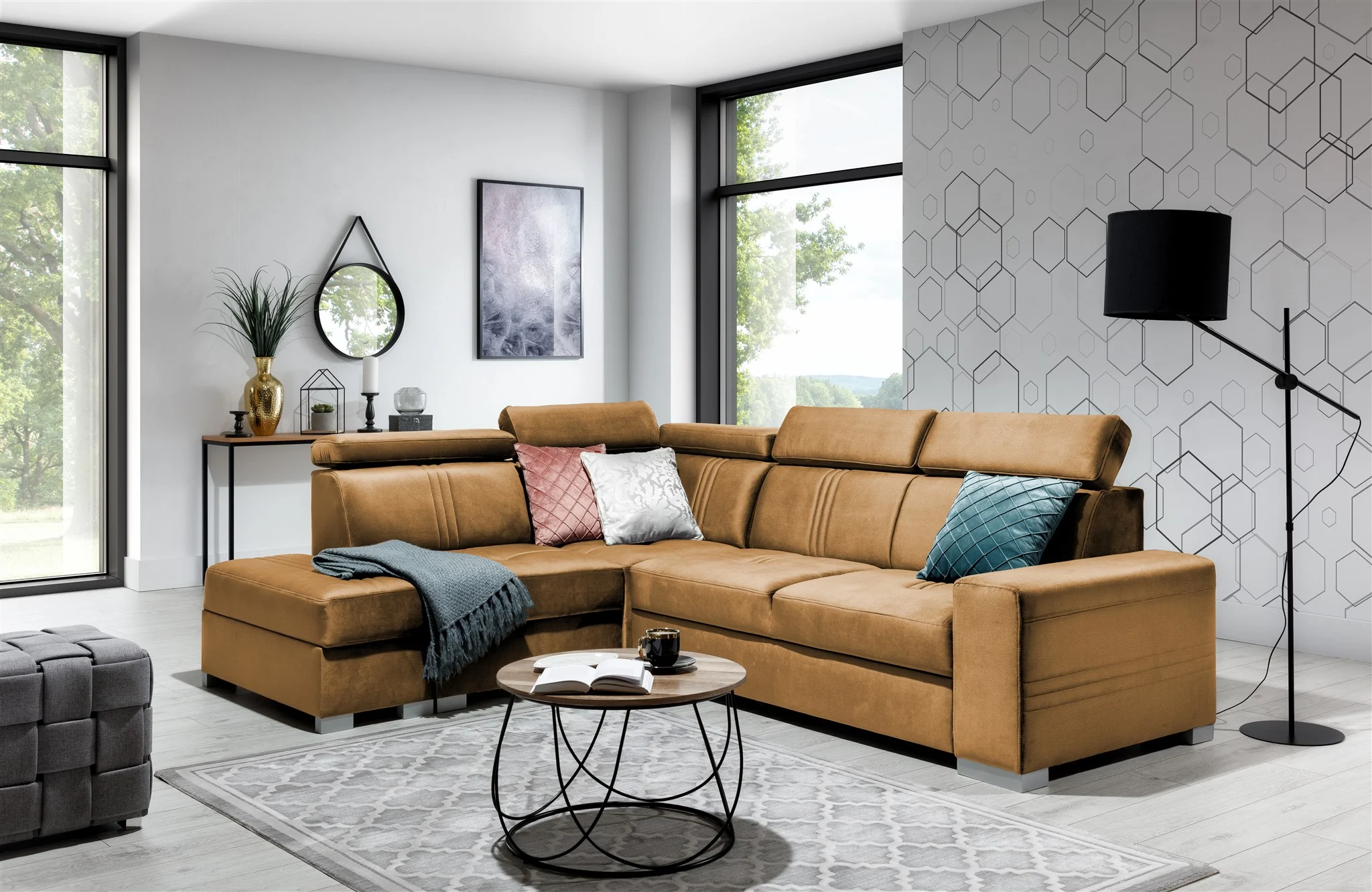 Ecksofa Schlafsofa NOLAN inkl. USB in Stoff Monolith Goldbraun Ottomane Links - Fun Moebel
