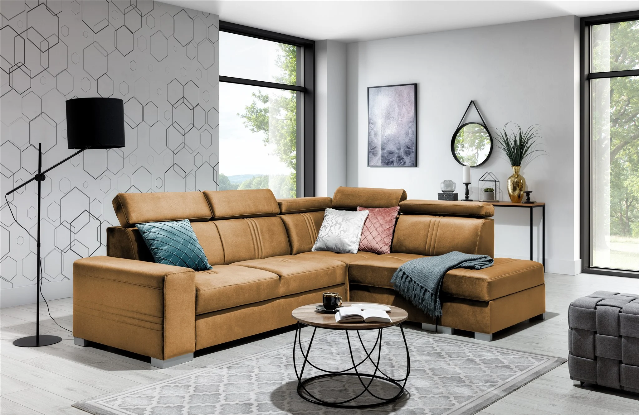Ecksofa Schlafsofa NOLAN inkl. USB in Stoff Monolith Goldbraun Ottomane Rechts - Fun Moebel