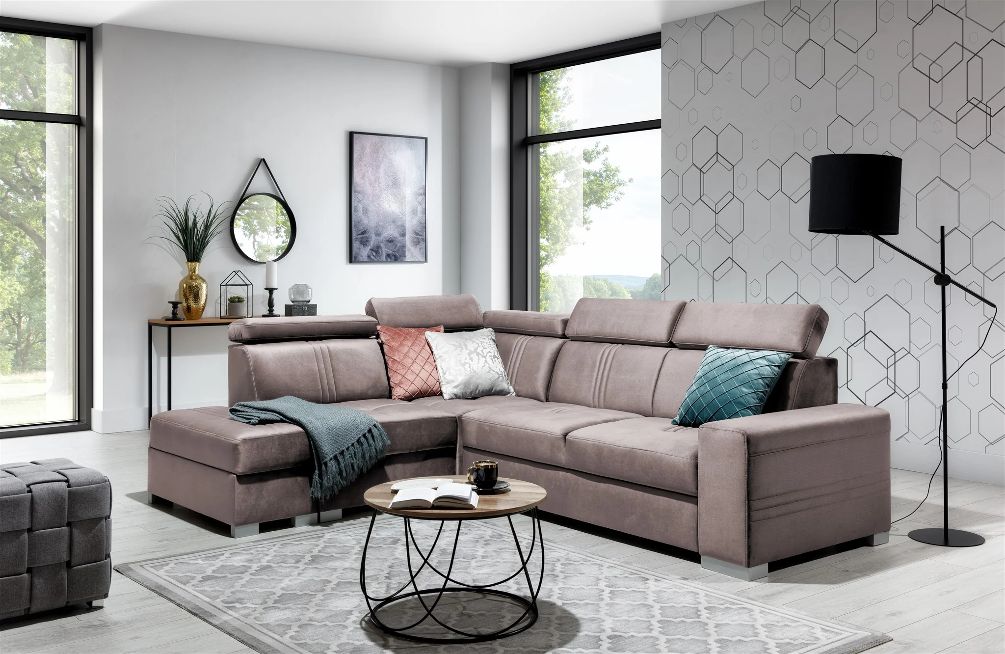Ecksofa Schlafsofa NOLAN inkl. USB Stoff Monolith Pastellviolett Ottomane Links - Fun Moebel