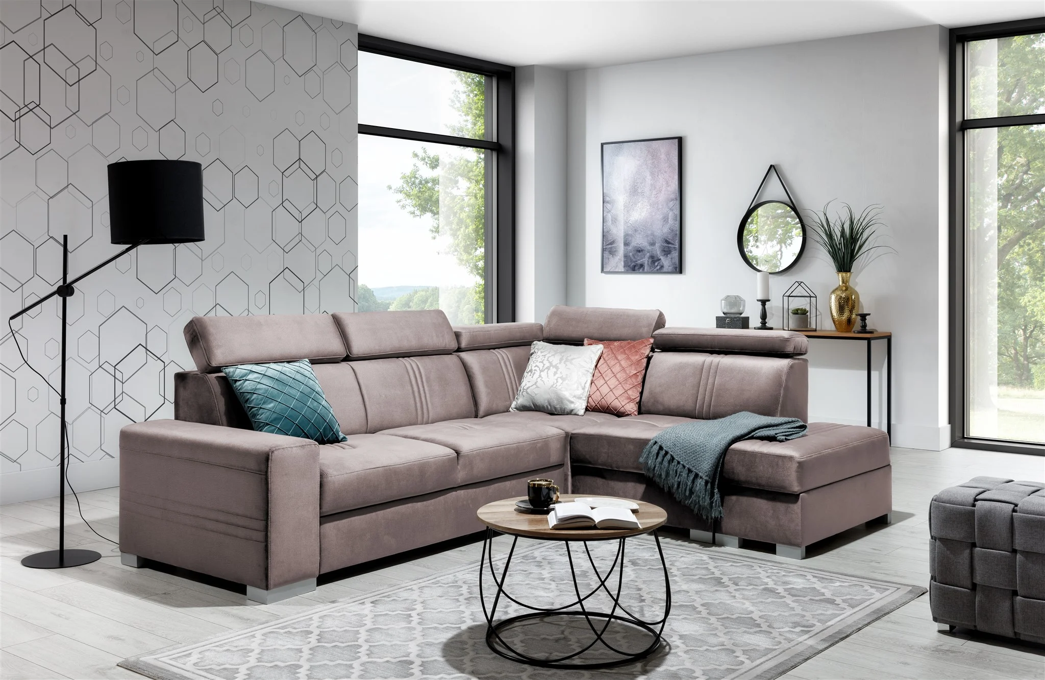 Ecksofa Schlafsofa NOLAN inkl. USB Stoff Monolith Pastellviolett Ottomane Rechts - Fun Moebel