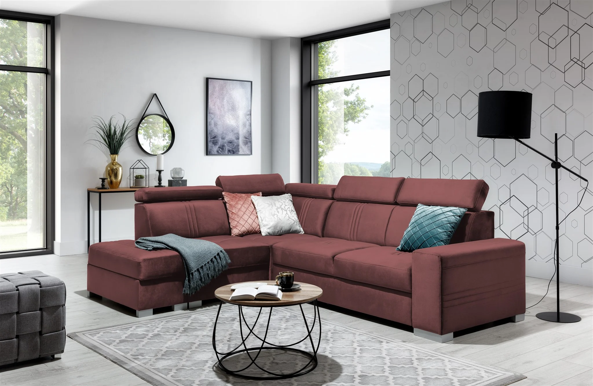 Ecksofa Schlafsofa NOLAN inkl. USB in Stoff Monolith Purpurrot Ottomane Links - Fun Moebel