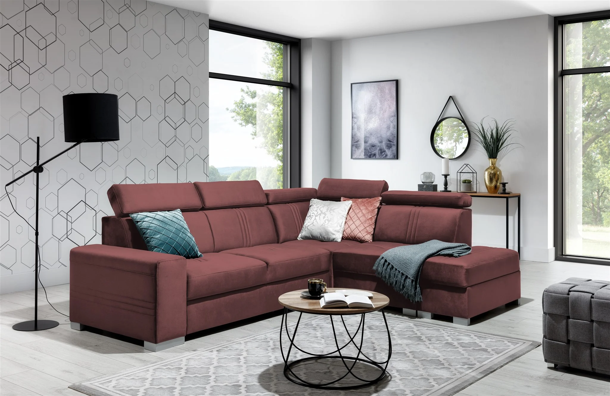 Ecksofa Schlafsofa NOLAN inkl. USB in Stoff Monolith Purpurrot Ottomane Rechts - Fun Moebel