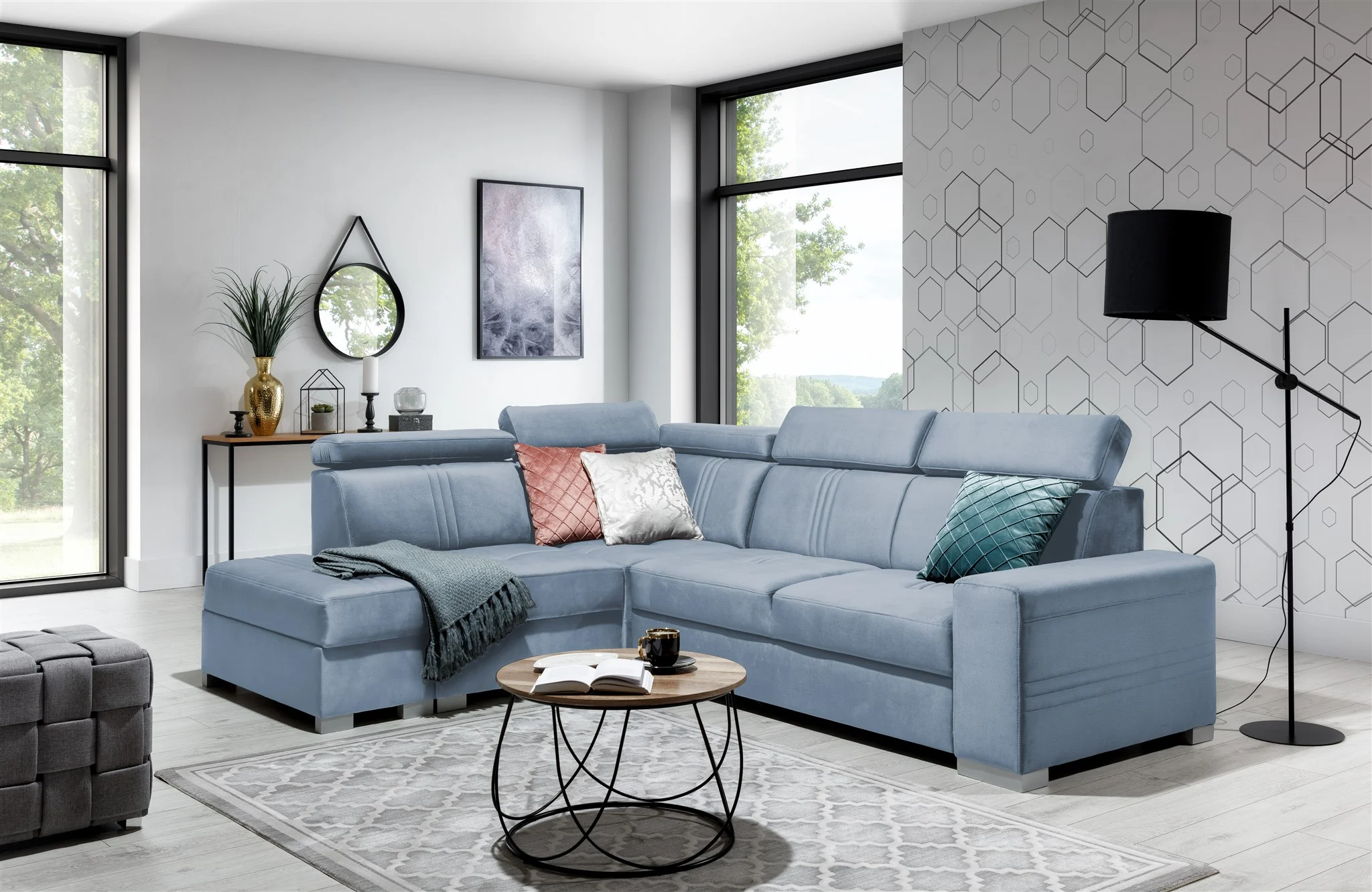 Ecksofa Schlafsofa NOLAN inkl. USB in Stoff Monolith Hellblau Ottomane Links - Fun Moebel