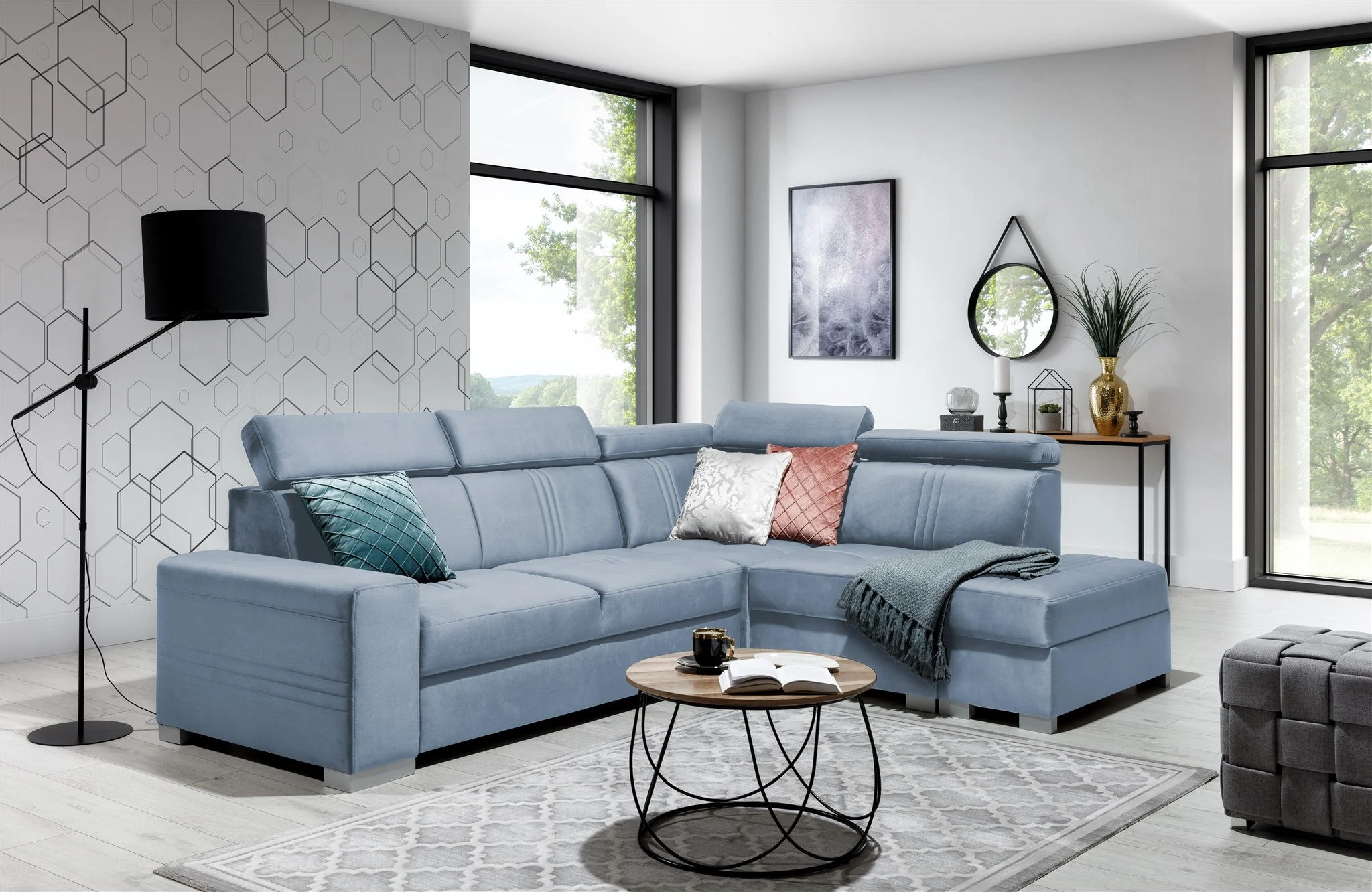 Ecksofa Schlafsofa NOLAN inkl. USB in Stoff Monolith Hellblau Ottomane Rechts - Fun Moebel