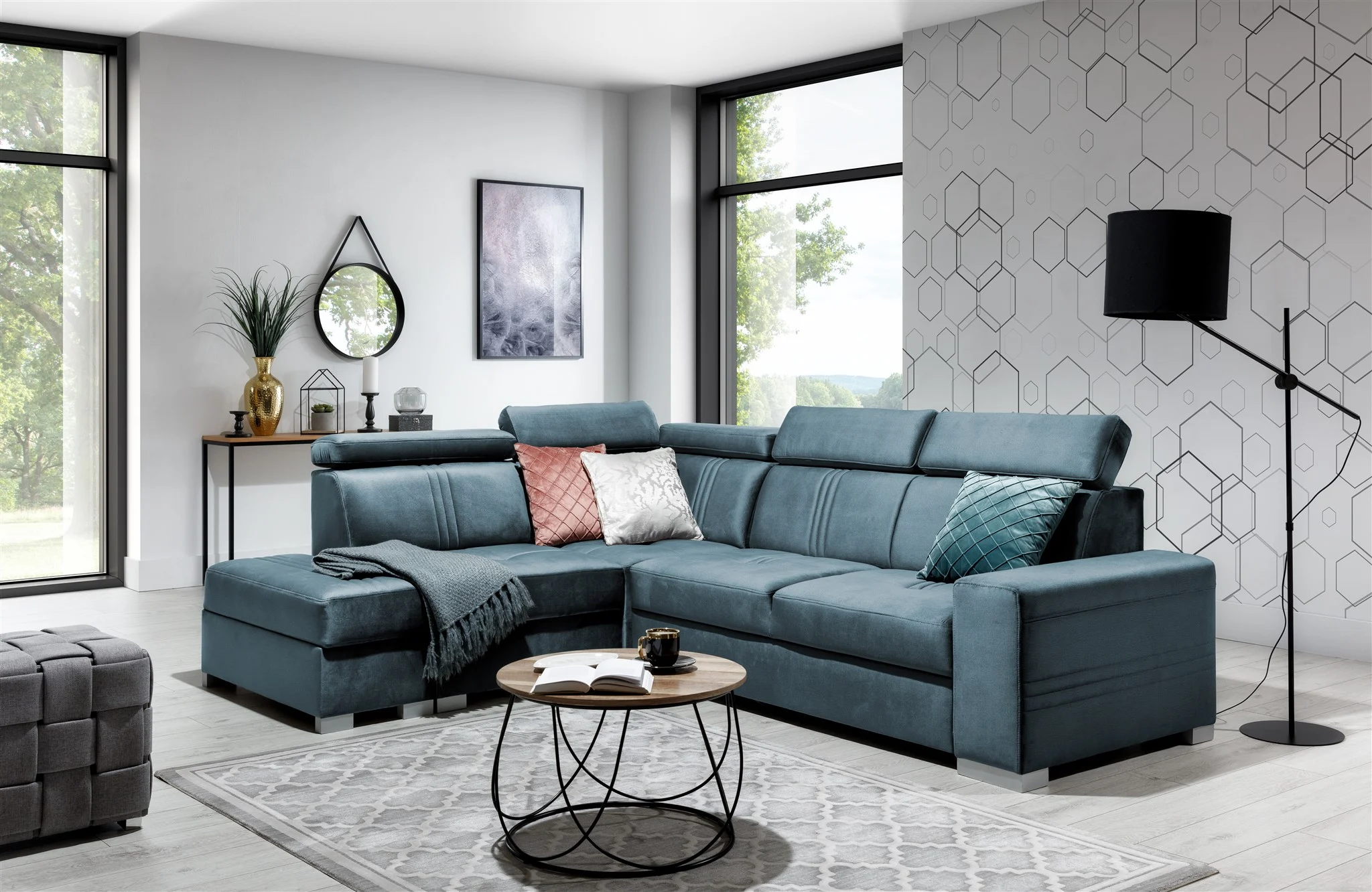 Ecksofa Schlafsofa NOLAN inkl. USB in Stoff Monolith Petrolblau Ottomane Links - Fun Moebel