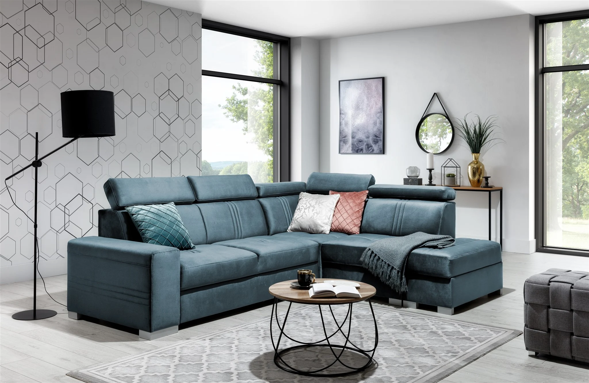 Ecksofa Schlafsofa NOLAN inkl. USB in Stoff Monolith Petrolblau Ottomane Rechts - Fun Moebel