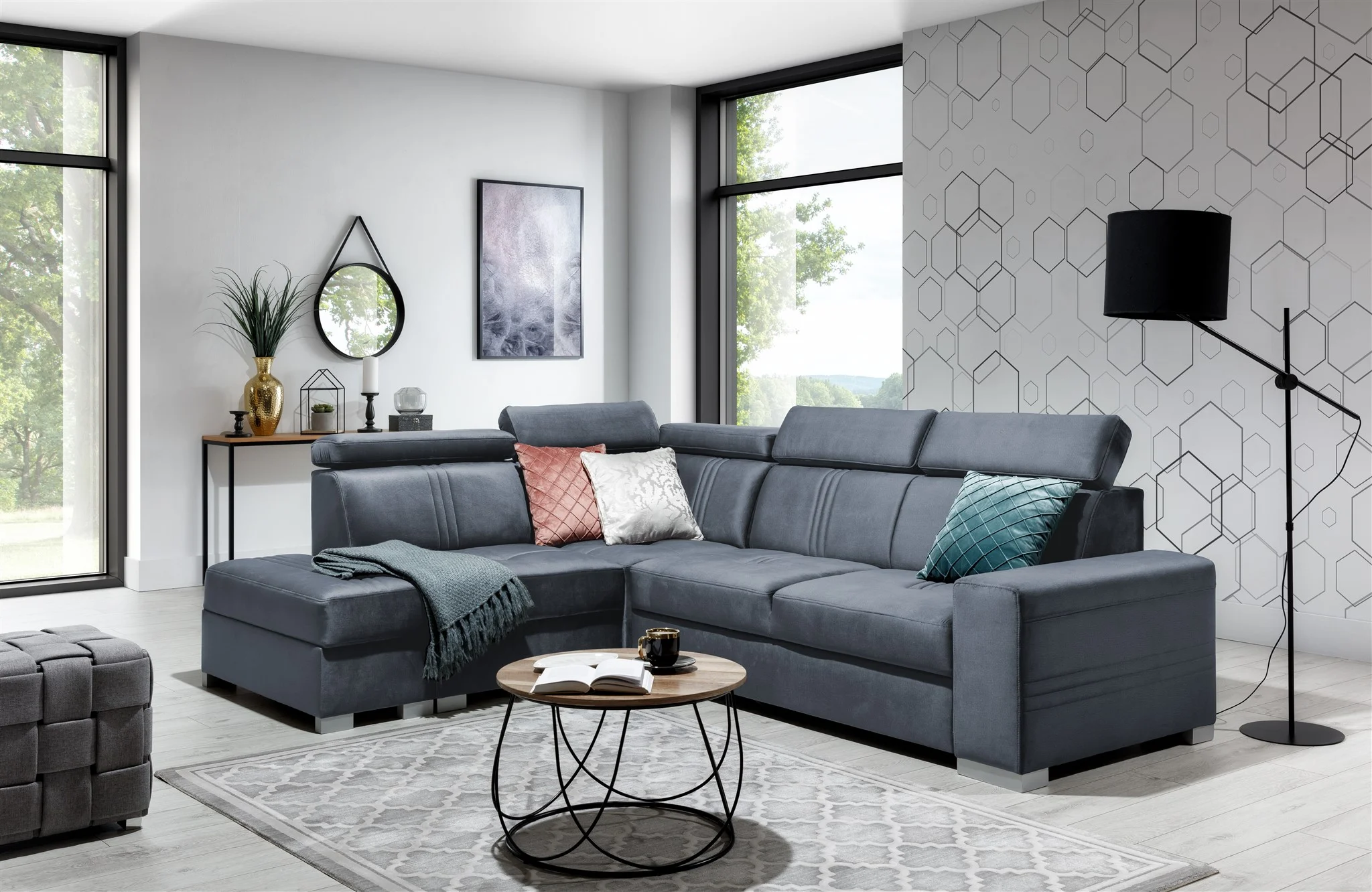 Ecksofa Schlafsofa NOLAN inkl. USB in Stoff Monolith Blaugrau Ottomane Links - Fun Moebel