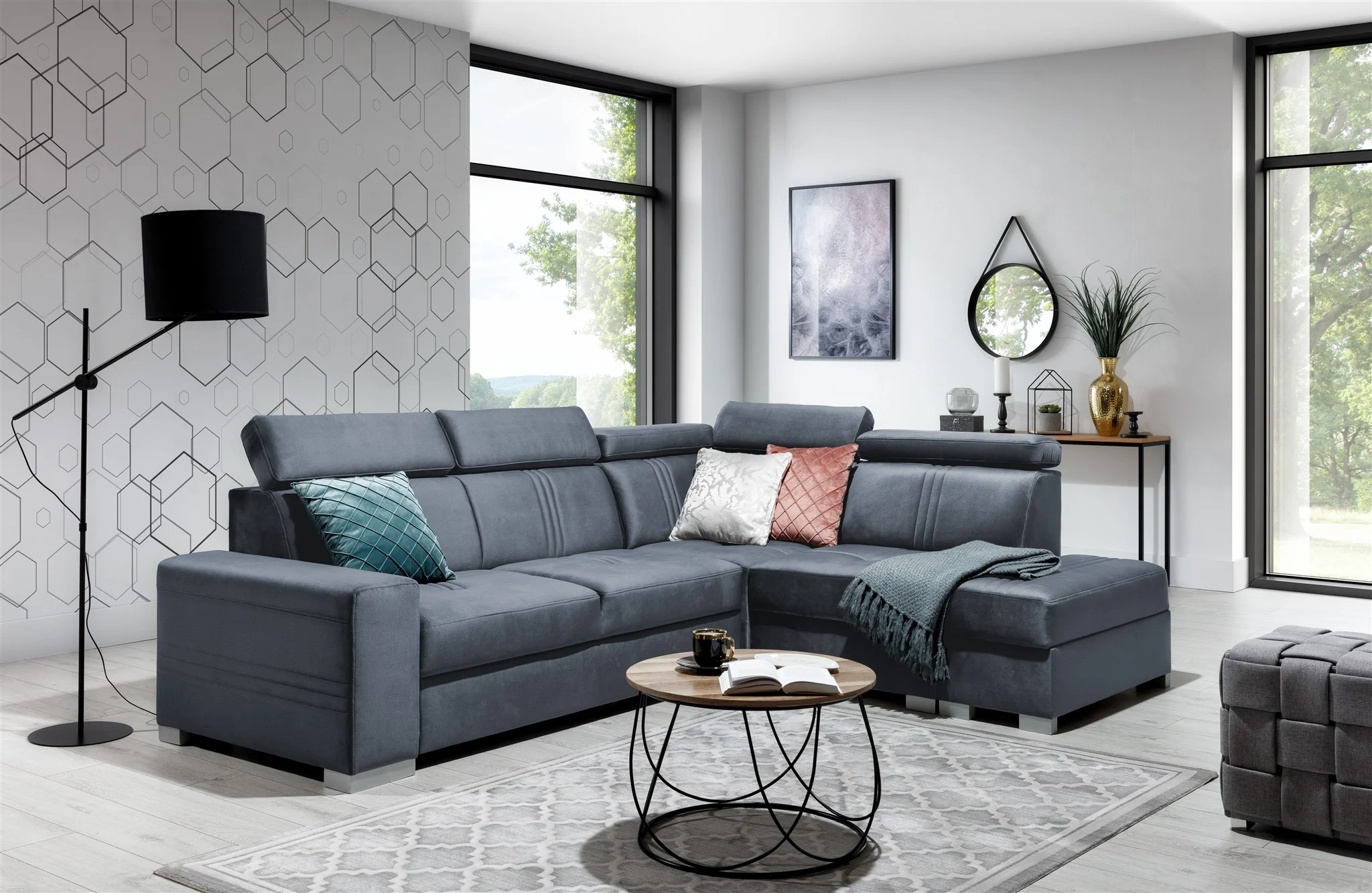 Ecksofa Schlafsofa NOLAN inkl. USB in Stoff Monolith Blaugrau Ottomane Rechts - Fun Moebel