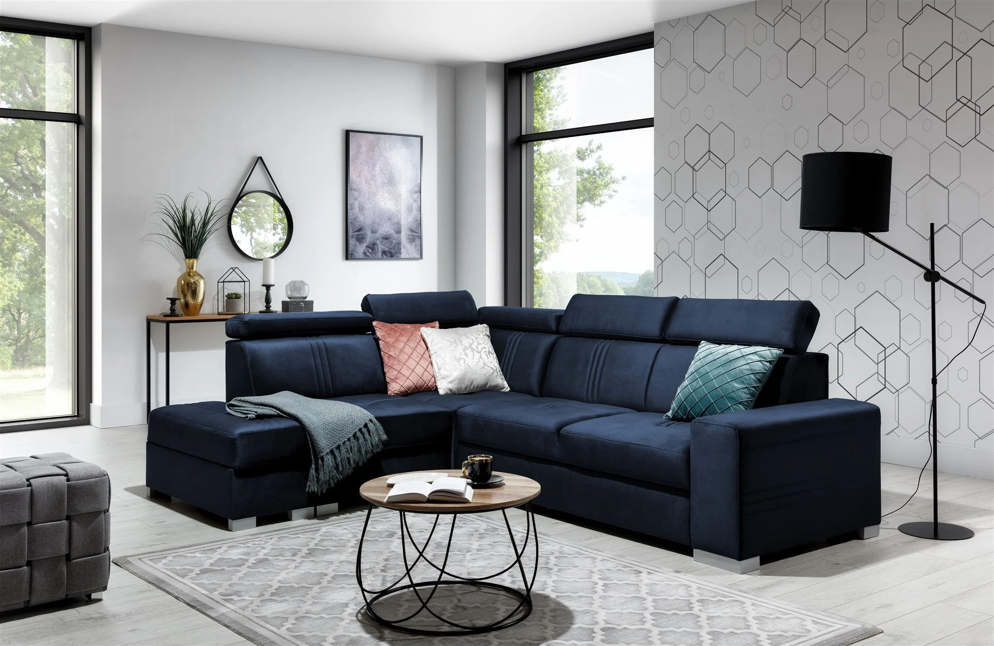 Ecksofa Schlafsofa NOLAN inkl. USB in Stoff Monolith Dunkelblau Ottomane Links - Fun Moebel