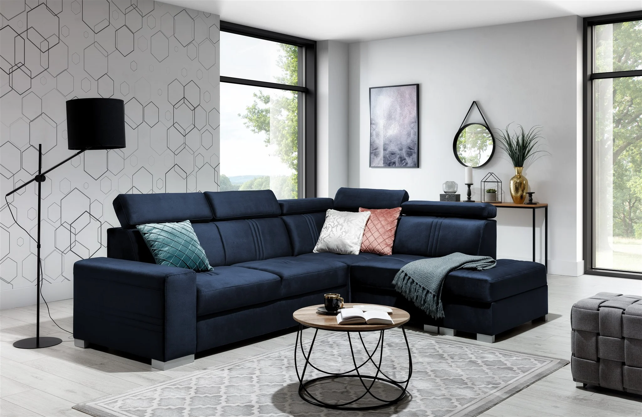 Ecksofa Schlafsofa NOLAN inkl. USB in Stoff Monolith Dunkelblau Ottomane Rechts - Fun Moebel