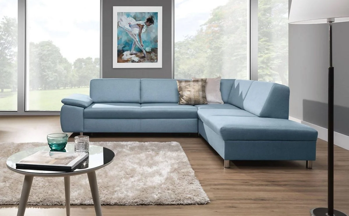 Ecksofa Schlafsofa NORBI Hellblau Ottomane Rechts - Fun Moebel