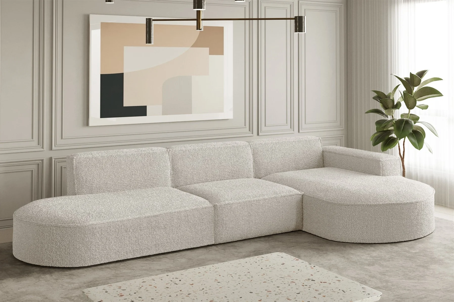 Ecksofa Designersofa PALMA in Stoff Ascot Beige Ottomane Rechts - Fun Moebel