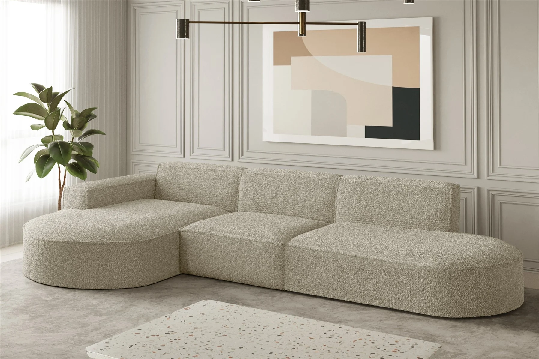 Ecksofa Designersofa PALMA in Stoff Ascot Champagne Ottomane Links - Fun Moebel