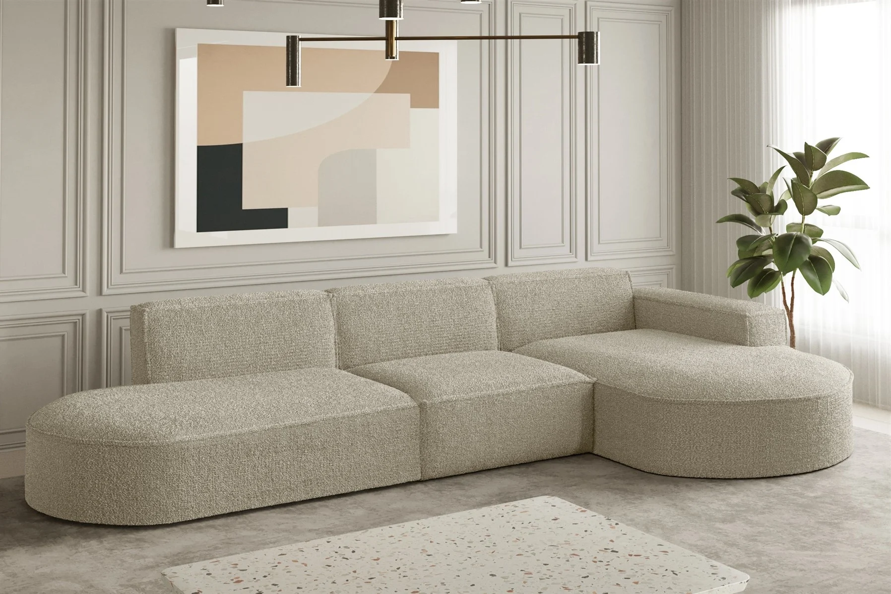 Ecksofa Designersofa PALMA in Stoff Ascot Champagne Ottomane Rechts - Fun Moebel