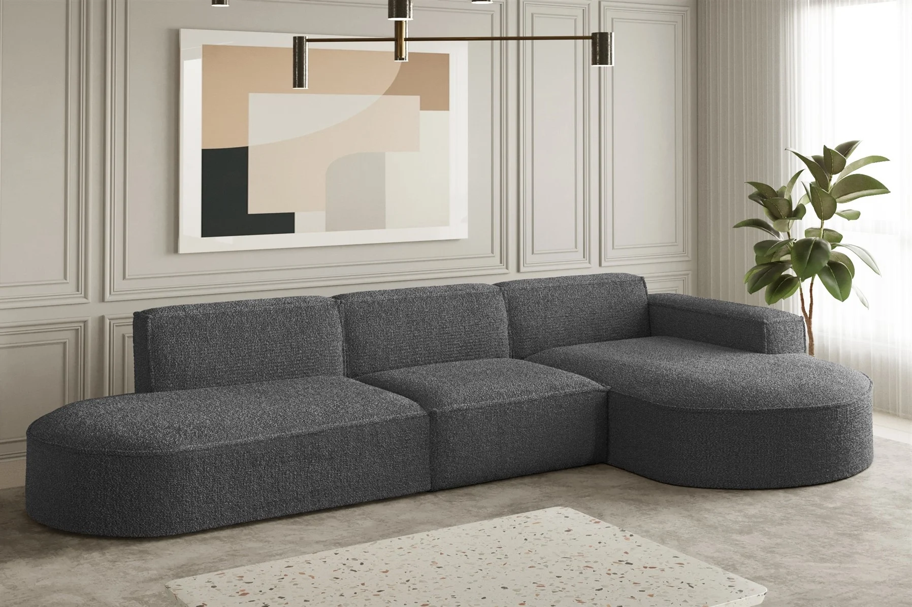 Ecksofa Designersofa PALMA in Stoff Ascot Graphitgrau Ottomane Rechts - Fun Moebel