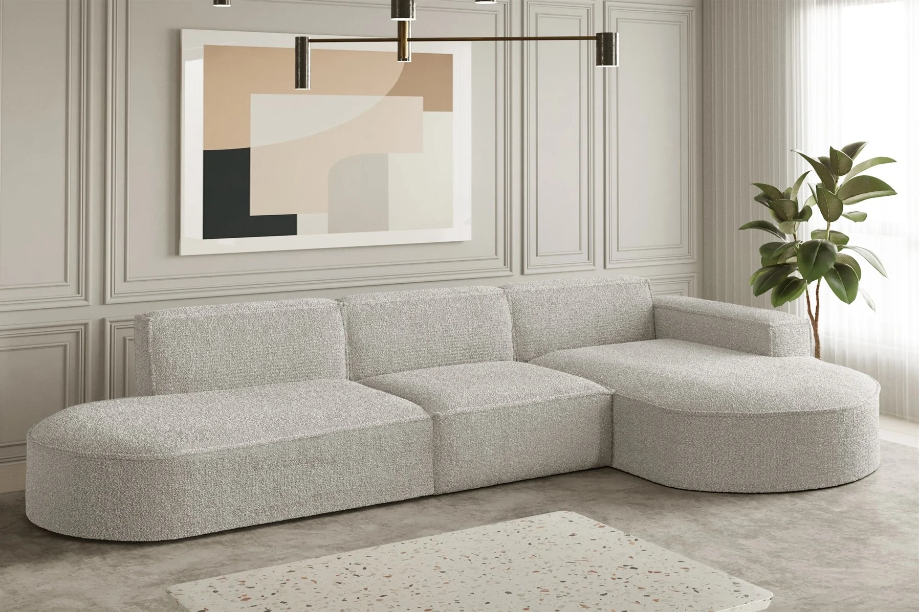 Ecksofa Designersofa PALMA in Stoff Ascot Pearl Ottomane Rechts - Fun Moebel