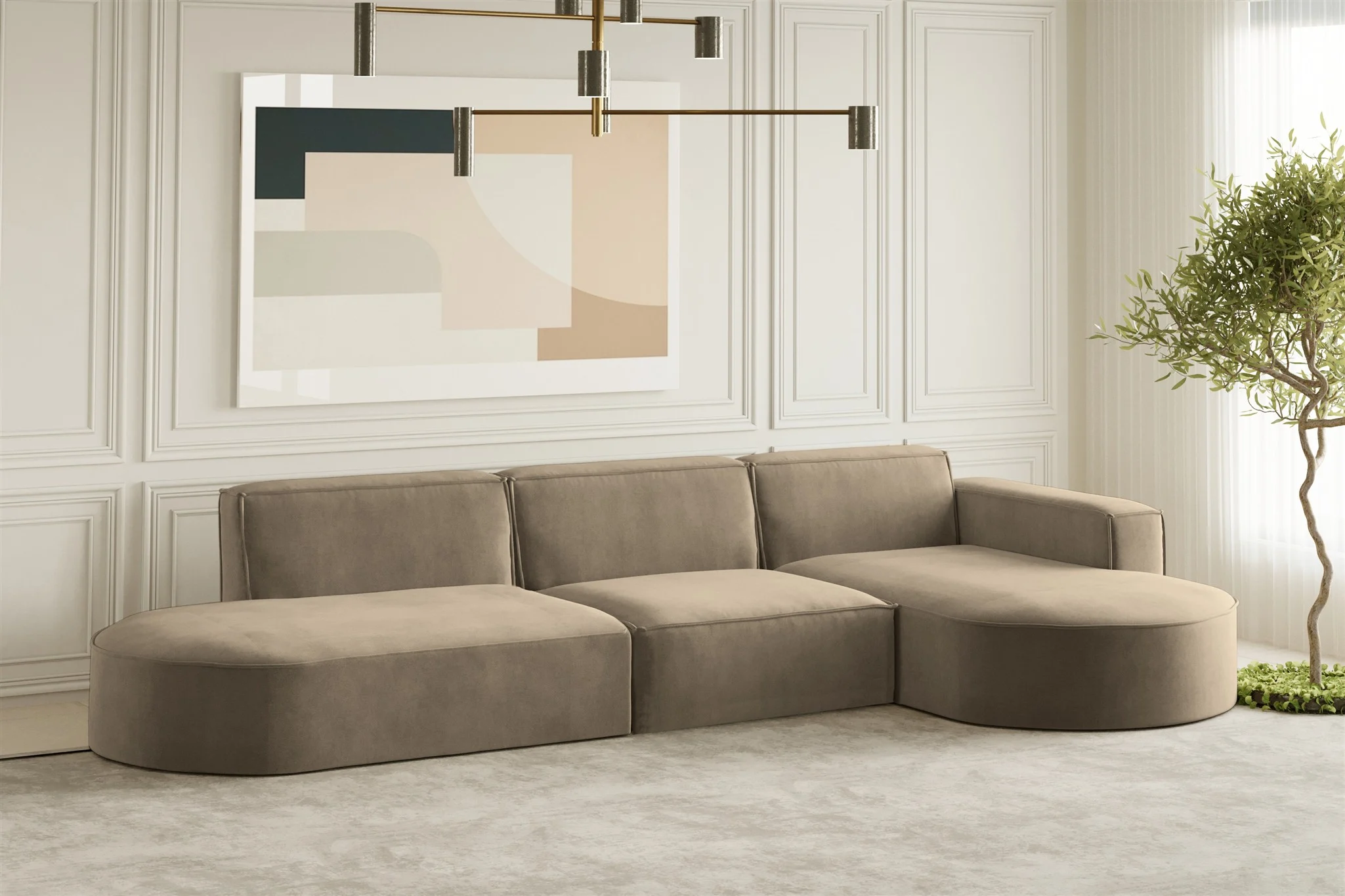 Ecksofa Designersofa PALMA in Stoff Noel Braun Ottomane Rechts - Fun Moebel