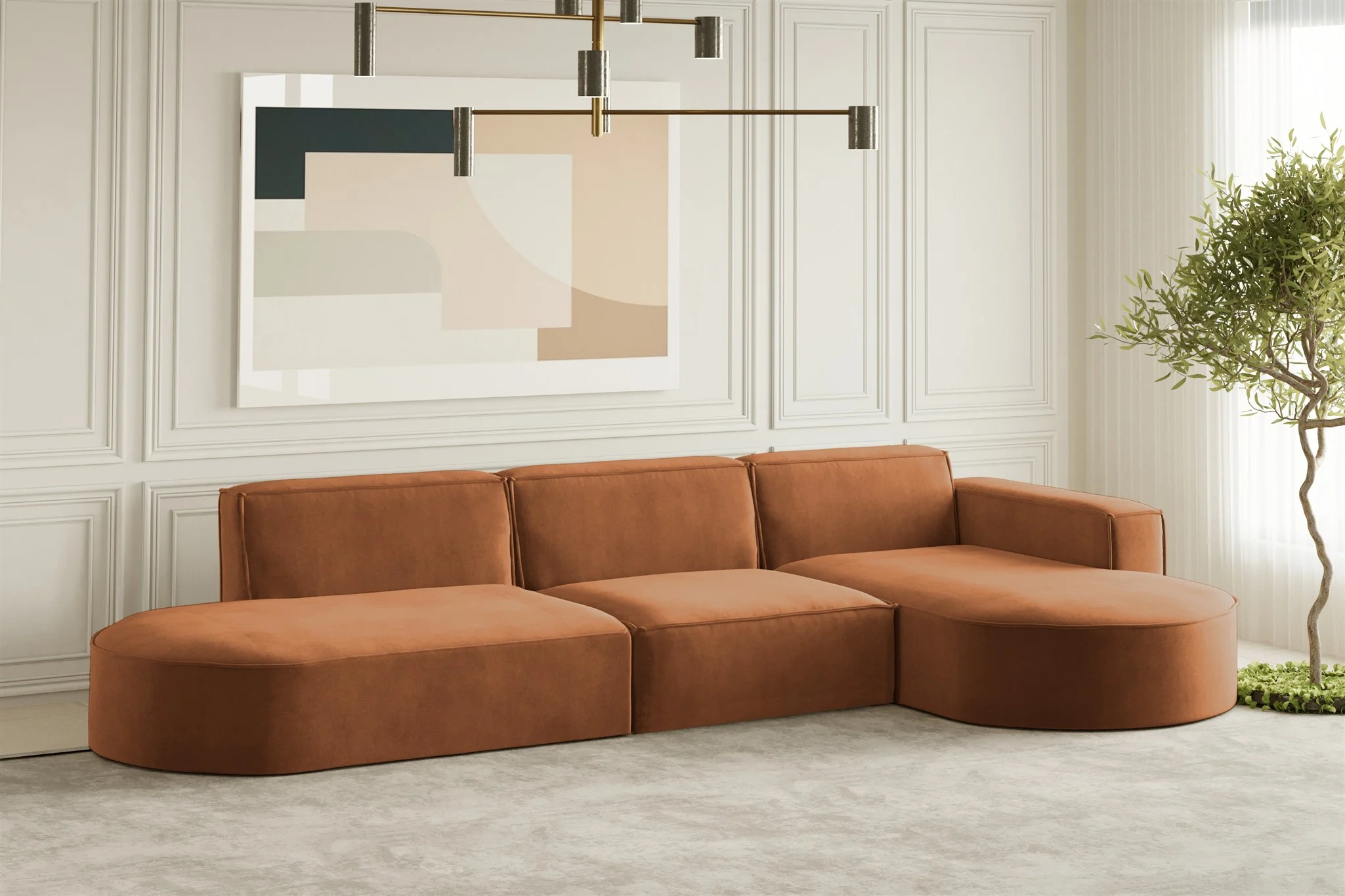 Ecksofa Designersofa PALMA in Stoff Noel Ziegelrot Ottomane Rechts - Fun Moebel
