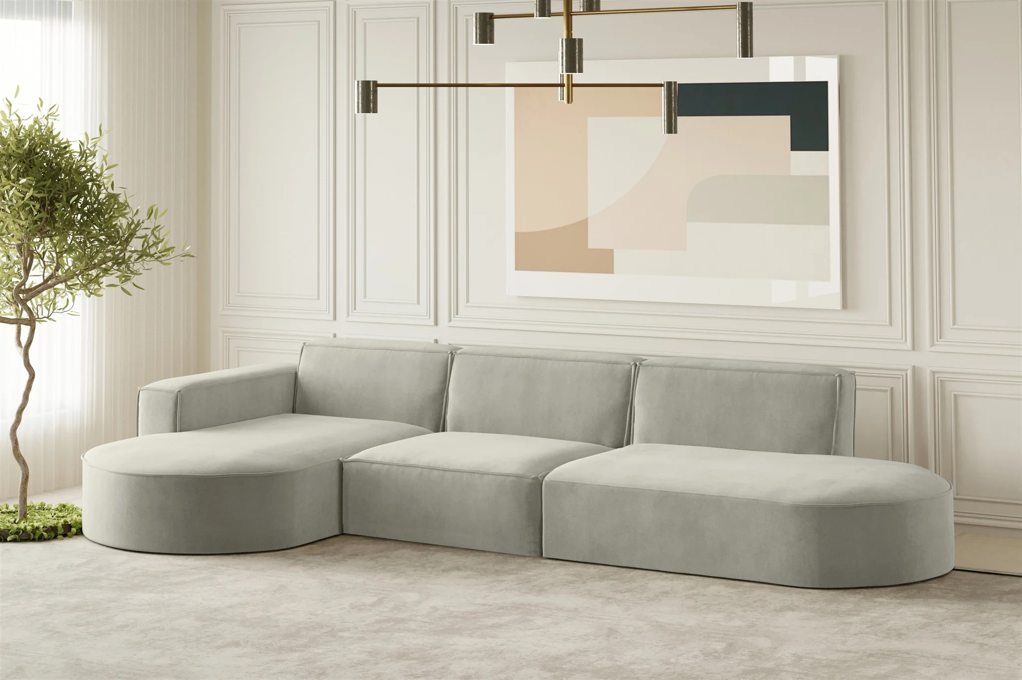 Ecksofa Designersofa PALMA in Stoff Noel Hellgrau Ottomane Links - Fun Moebel