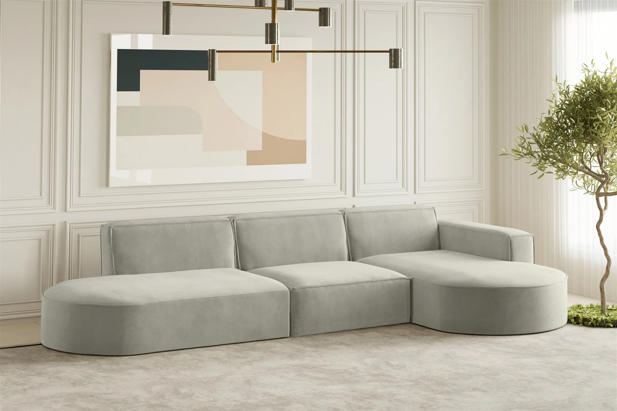 Ecksofa Designersofa PALMA in Stoff Noel Hellgrau Ottomane Rechts - Fun Moebel