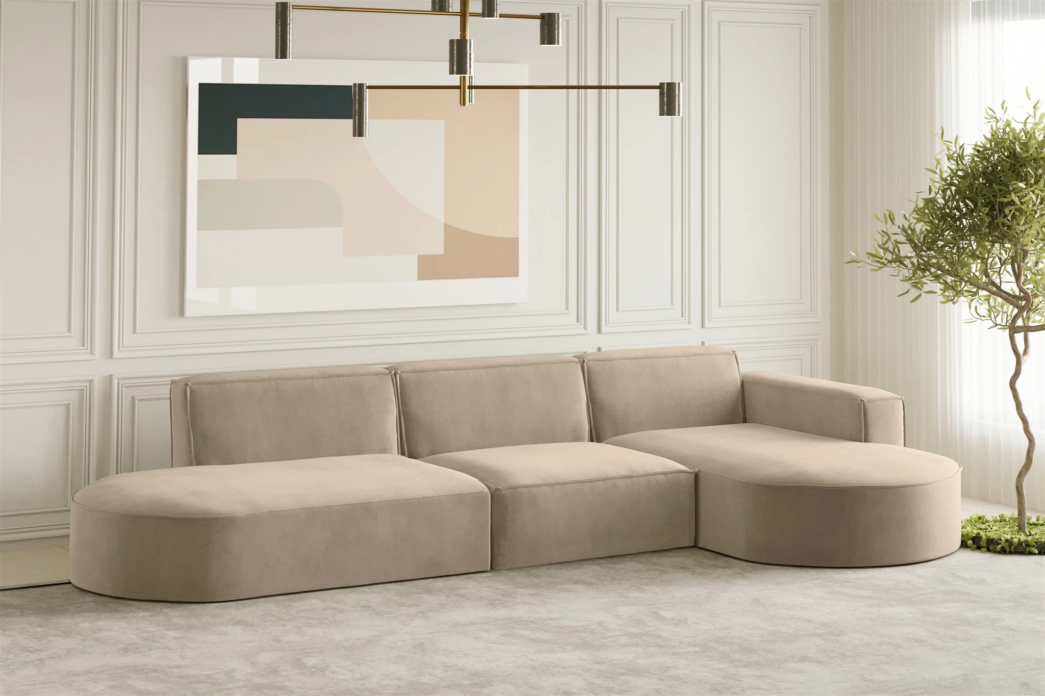 Ecksofa Designersofa PALMA in Stoff Noel Beige Ottomane Rechts - Fun Moebel