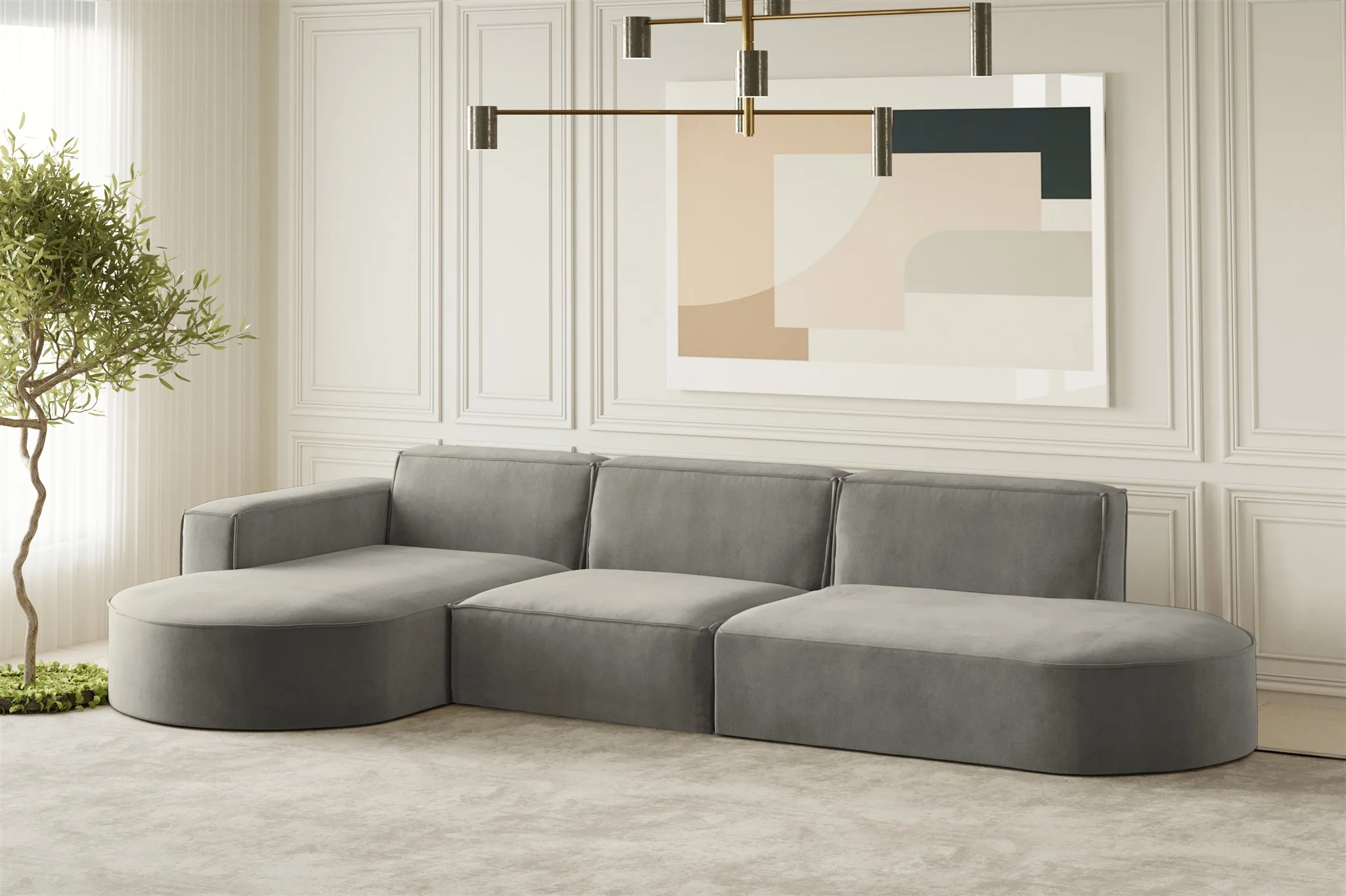 Ecksofa Designersofa PALMA in Stoff Noel Grau Ottomane Links - Fun Moebel