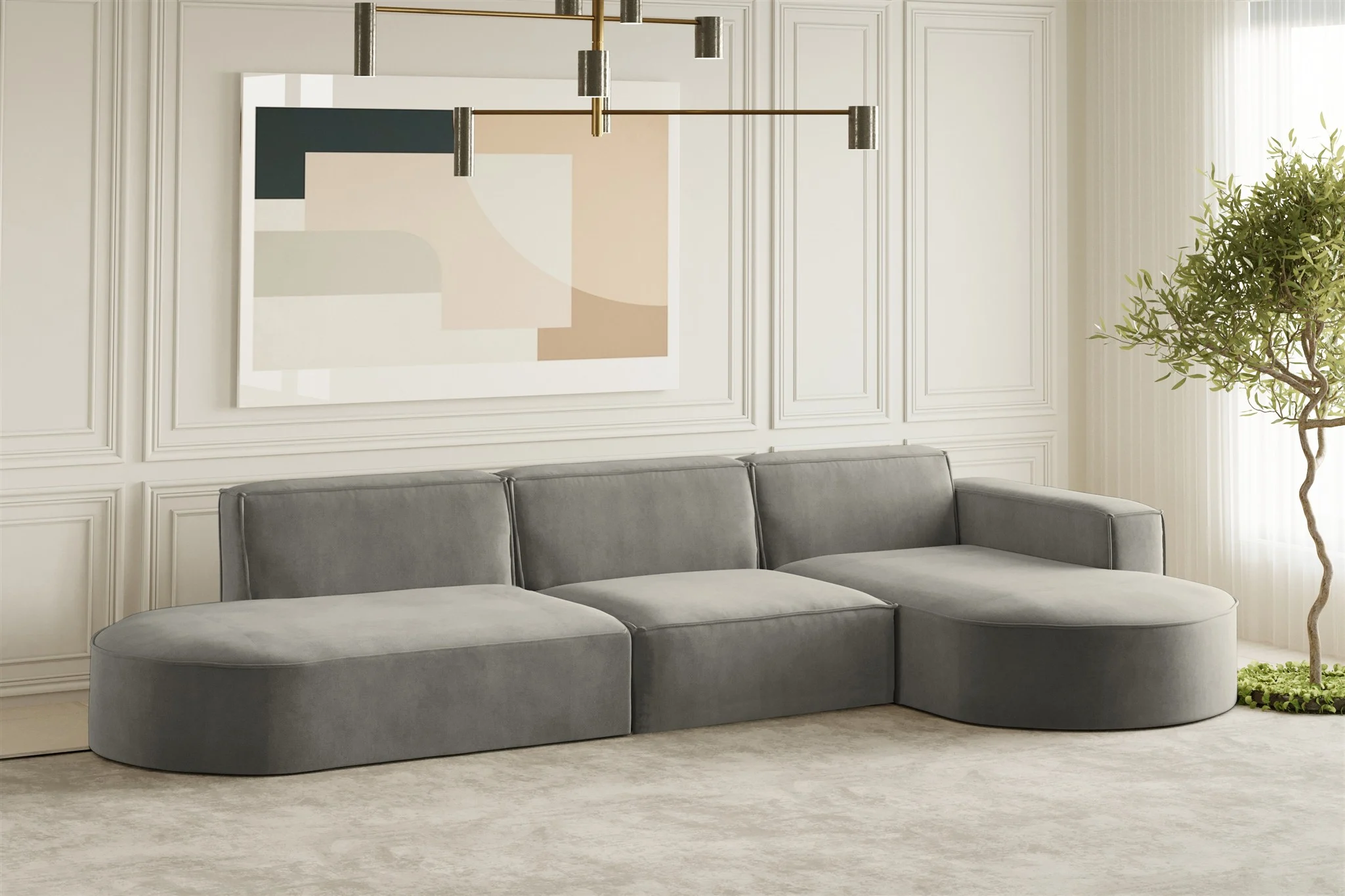 Ecksofa Designersofa PALMA in Stoff Noel Grau Ottomane Rechts - Fun Moebel