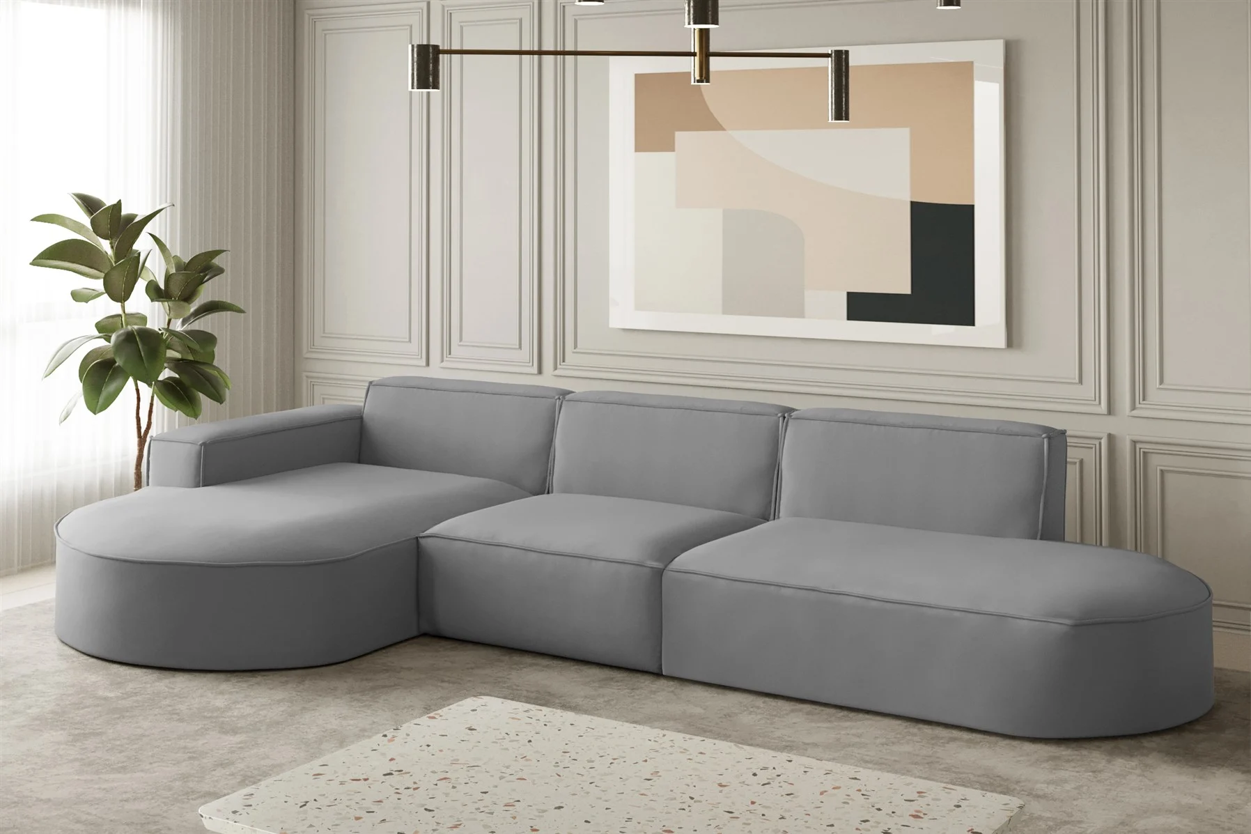 Ecksofa Designersofa PALMA in Stoff Opera Velvet Grau Ottomane Links - Fun Moebel
