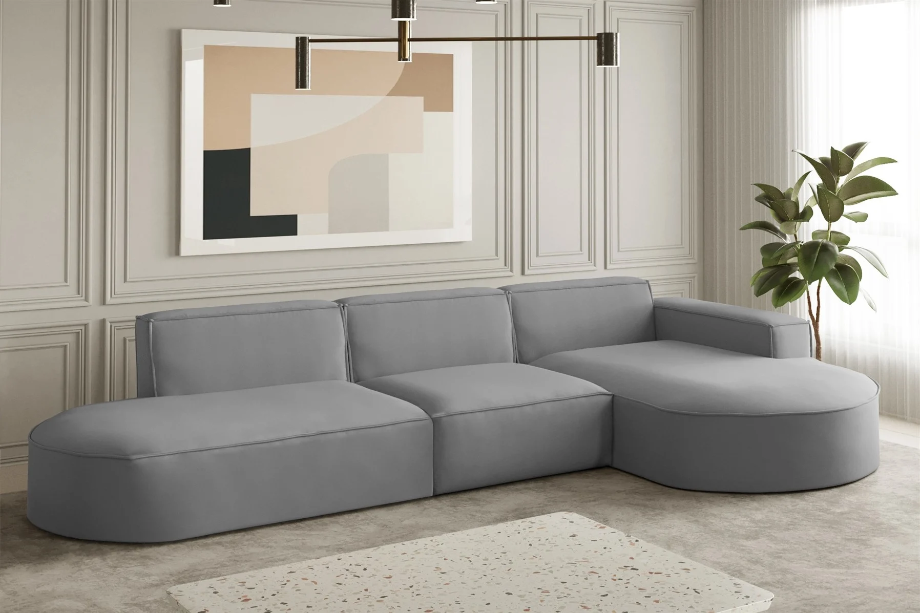 Ecksofa Designersofa PALMA in Stoff Opera Velvet Grau Ottomane Rechts - Fun Moebel